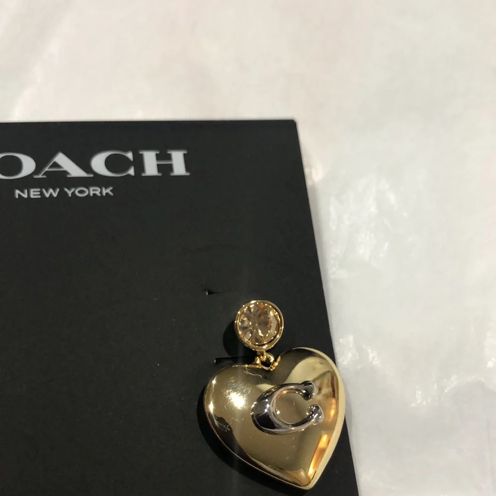 Coach gold plated puffy heart shape citrine gemstone look dangling stud earrings - Picture 11 of 14